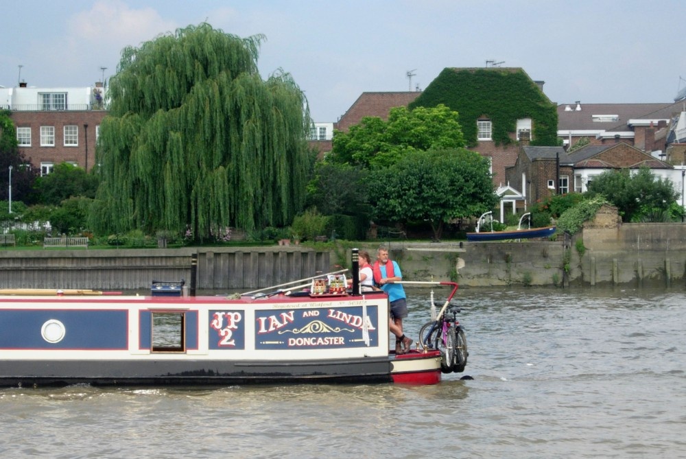 Photograph of Ian and Linda's boat, passing Hammersmith