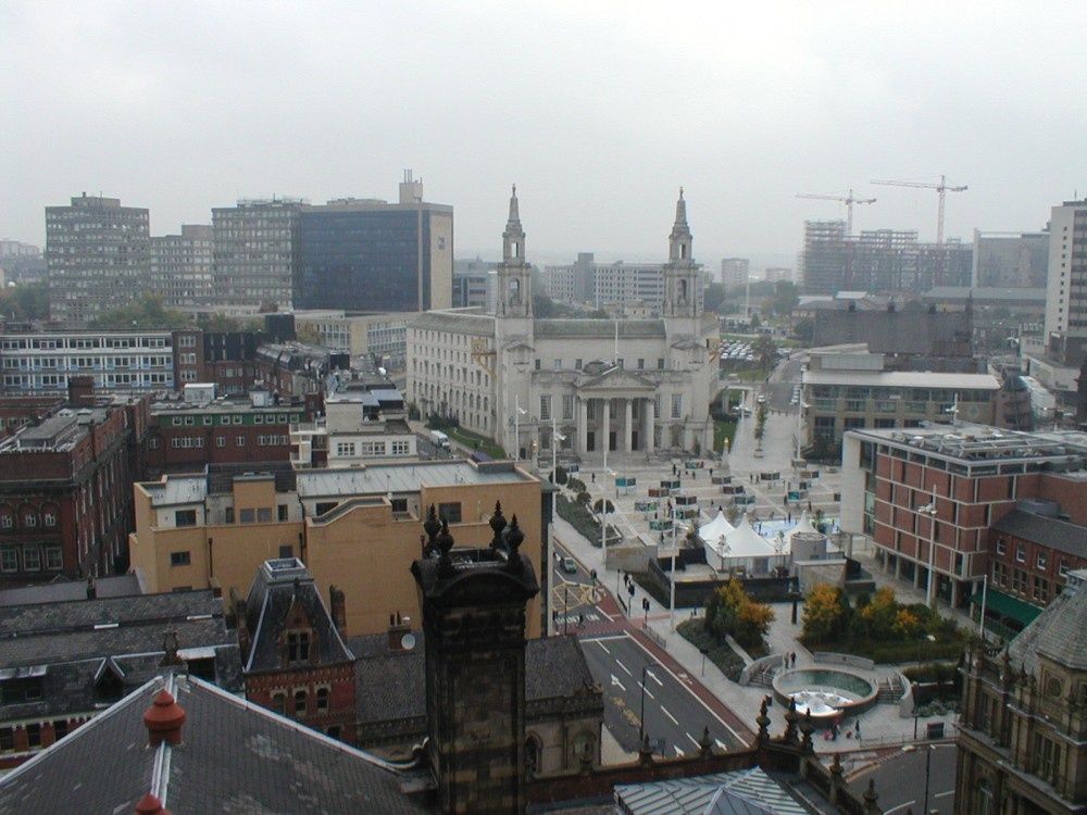 Looking on to Milennium Square from the top of the Town Hall in Leeds Yorkshire