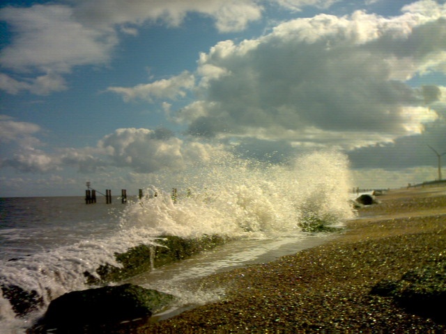Crashing waves on the beach at Lowestoft, Suffolk