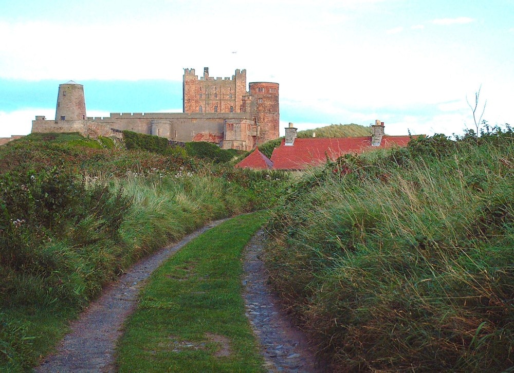Bamburgh Castle from the old road, Northumberland.