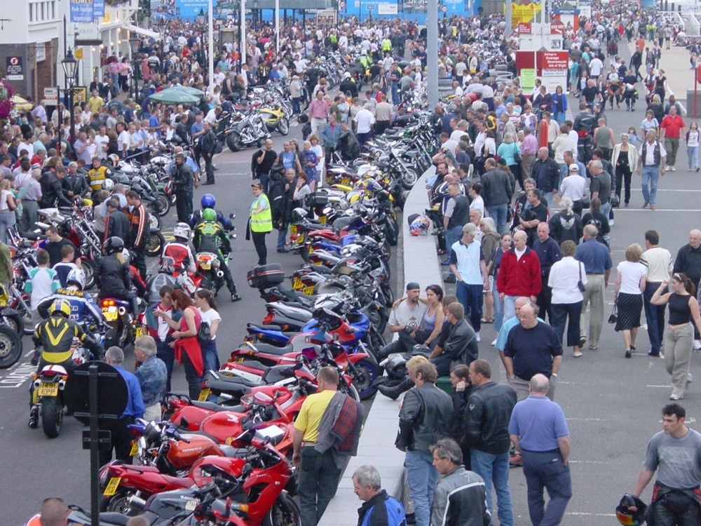 Motorbikes on the quay at Poole, Dorset.