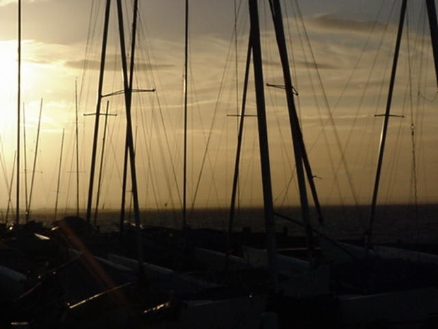 The masts of the Whitstable yacht club at sunset. Whitstable, Kent