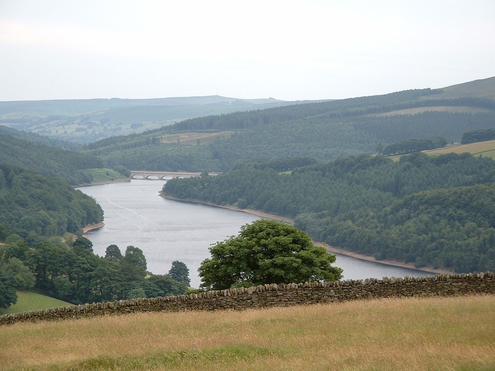 Ladybower Reservoir & A57 bridge, taken from Pike Low, Peak District.