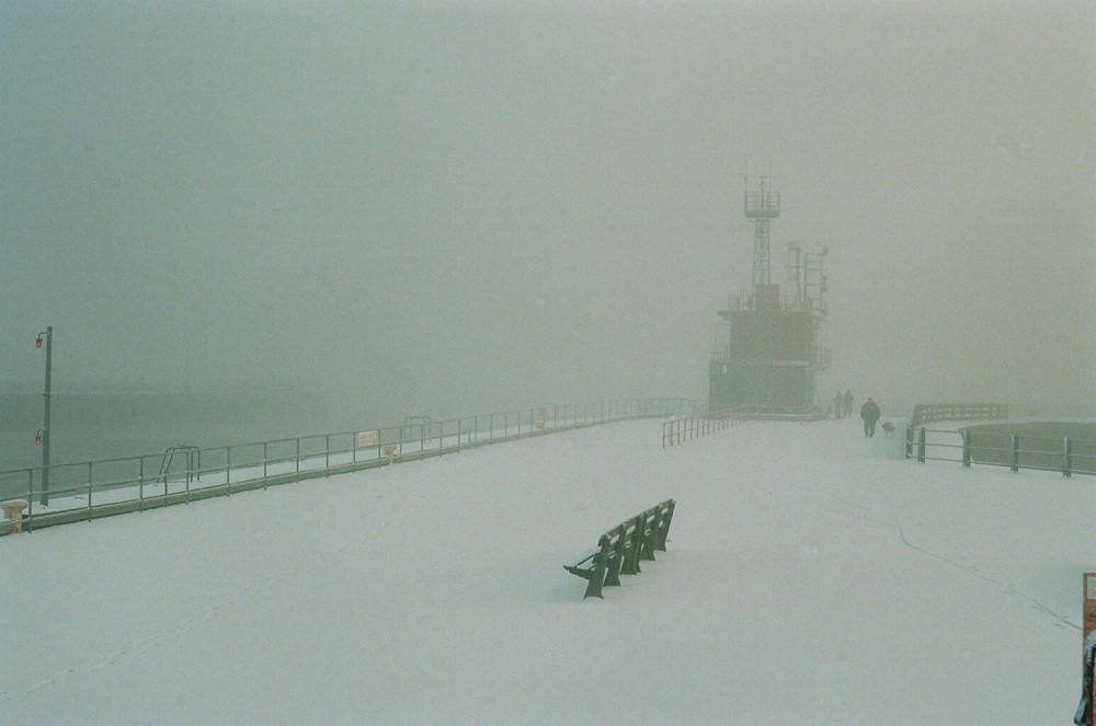 Snowy south pier at Gorleston-on-Sea, Norfolk.
