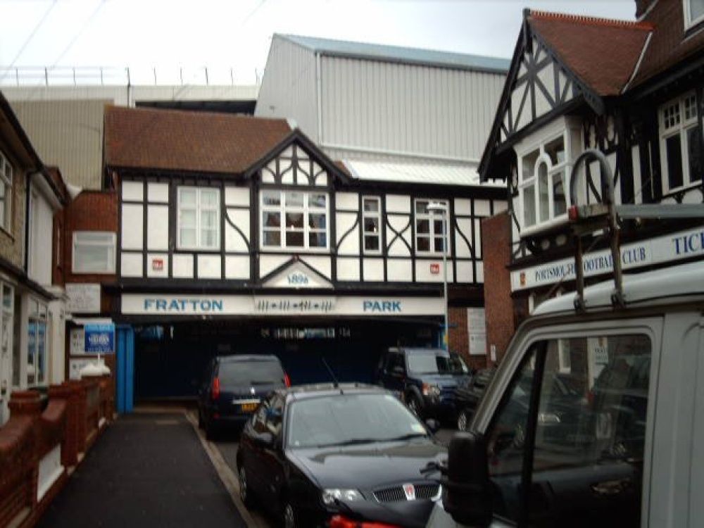 Fratton Park, Portsmouth. The home to Portsmouth Football Club. Main gate from Frogmore Road.