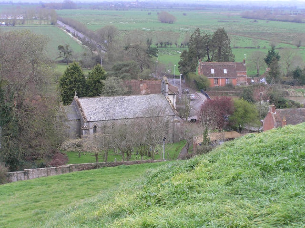 Photograph of Burrow Bridge. View of the church, bridge and river from the Mump.