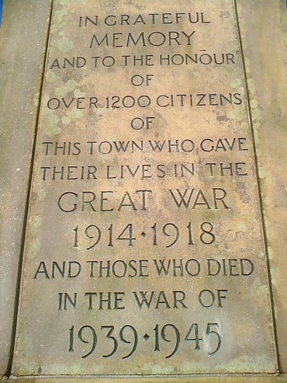 The inscription on the war memorial. Boldventure Park, Darwen, Lancashire.