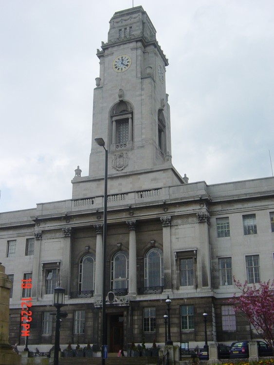 Barnsley, South Yorkshire. Town hall in the full bloom of summer.