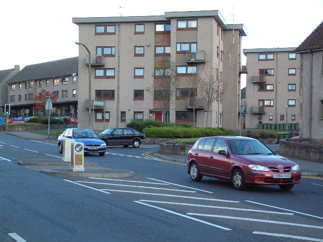 A view looking across the Main Street to Schaw Court, Sauchie, Clackmannanshire.