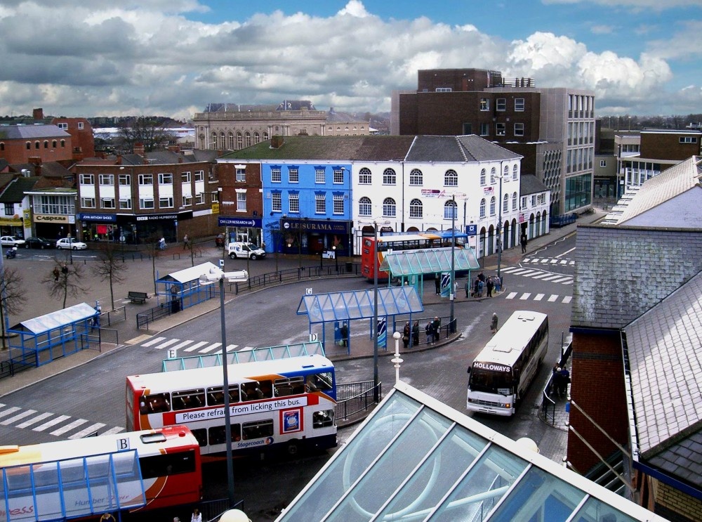 Photograph of Grimsby town centre bus station taken from fresney place shopping centre car park