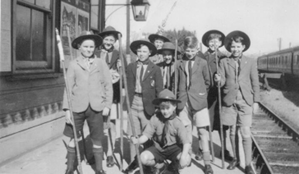 1st Castle Cary Boy Scout Troop on Cary Station on way to camp circa 1950. Castle Cary in Somerset