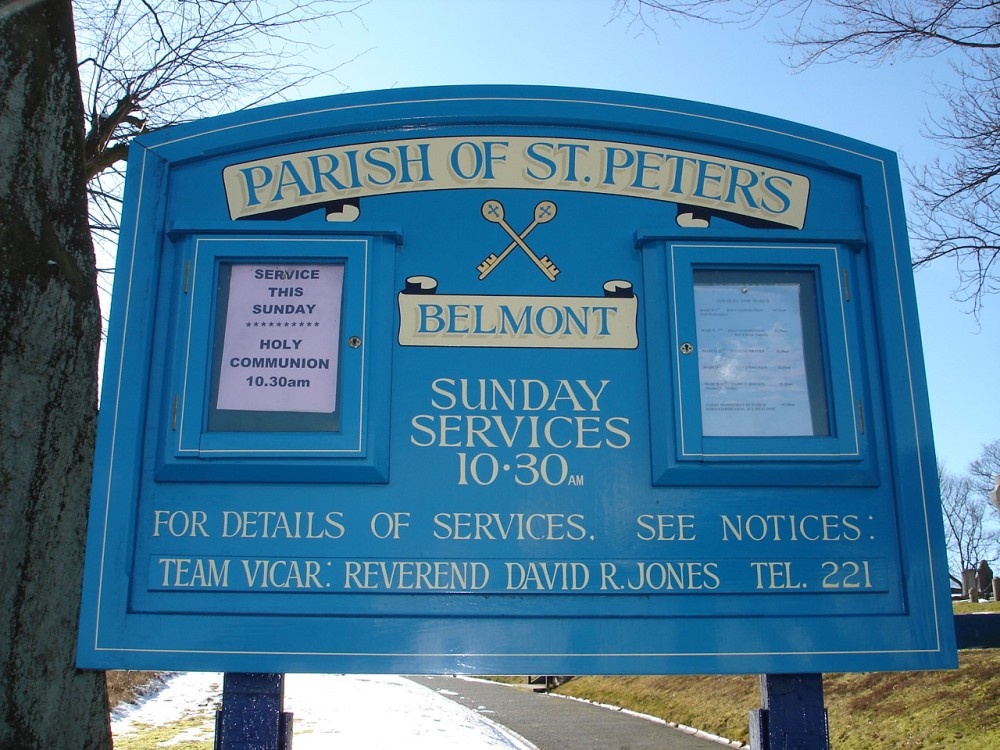 The sign at the entrance to Saint Peter's Church, Belmont Village, Belmont, Lancashire.04/03/06
