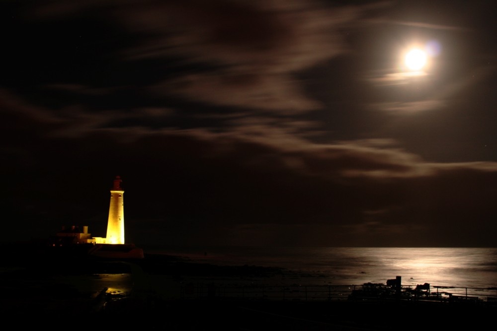 St Mary's Lighthouse at night.