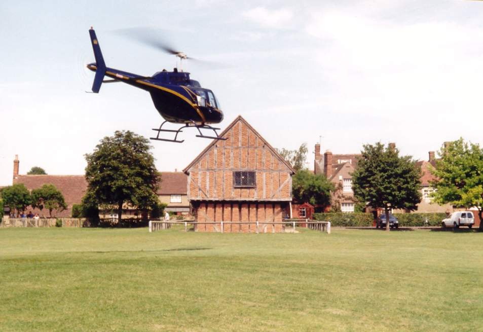 Moot Hall Museum, The green, Elstow, with Helicopter taking off