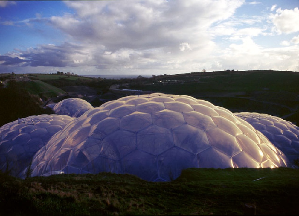 Biodomes of the Eden project in evening light.