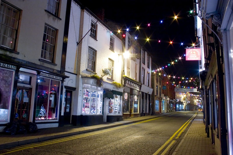 A winter night in the High Street, Kington, Herefordshire.