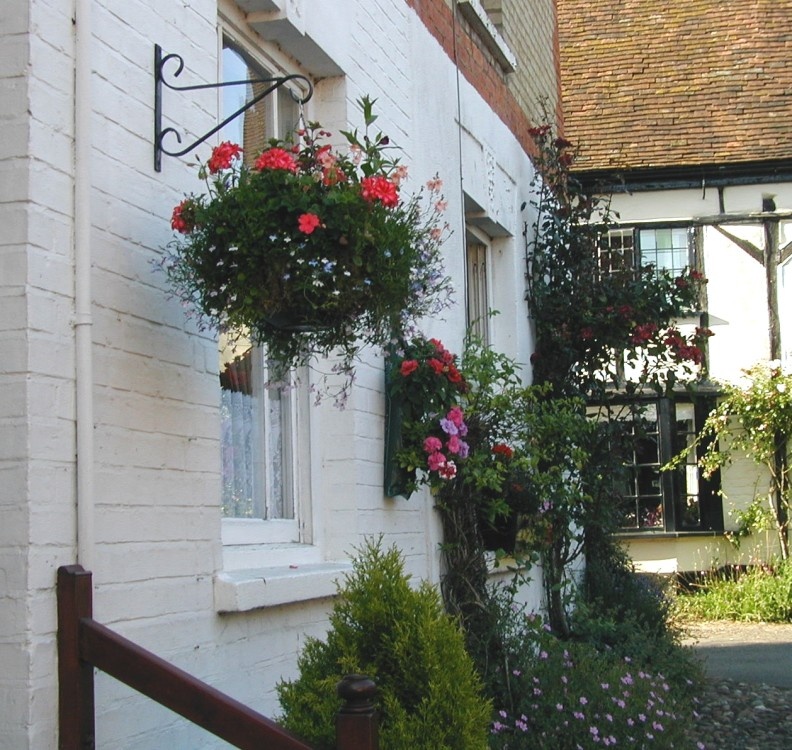 Hanging flower baskets in Winslow, Buckinghamshire