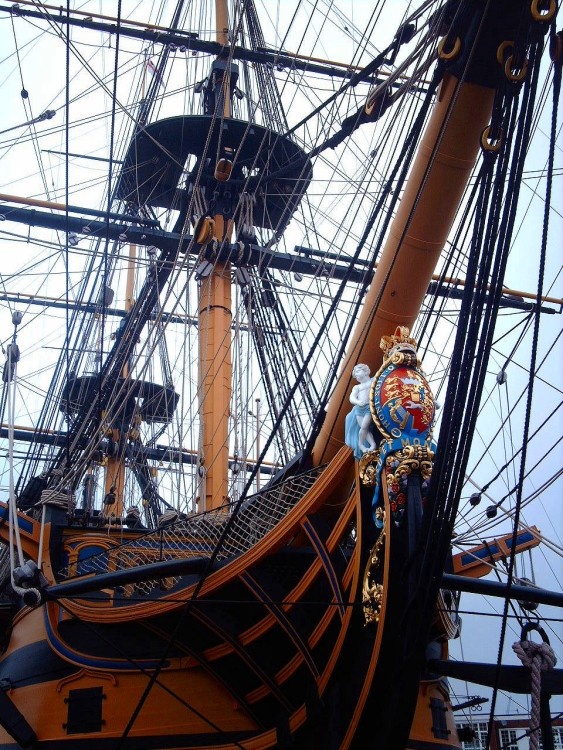 The bow of the HMS Victory, at the Historical Dockyard in Portsmouth, Hampshire