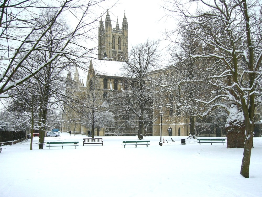 A view of Canterbury Cathedral from the east following snowfall during the winter of 2005