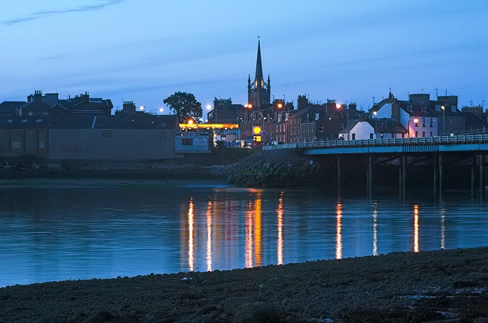 Montrose by night. The temporary bridge over the Harbour entrance. Montrose, Angus
