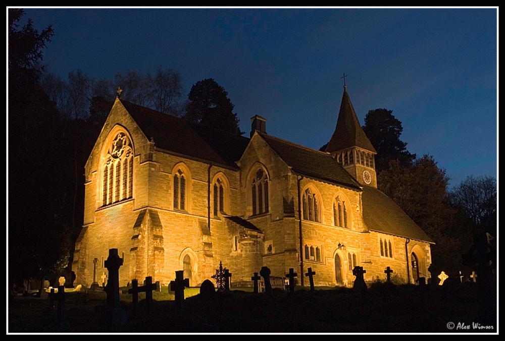 St. Mary the Virgin Church at night. Holmbury St. Mary, Surrey
