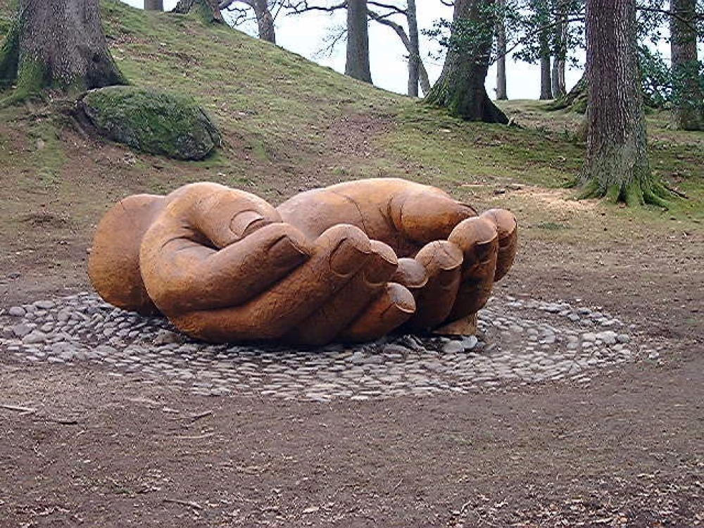 Hands carved out of tree near Brandelhow, on shore of Derwentwater, Lake District