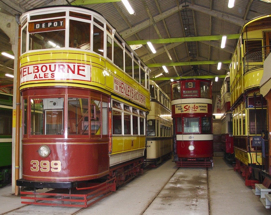 Inside the tram shed at Crich Tramway Village, Derbyshire