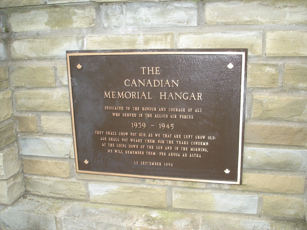 The inscription at the Canadian Memorial Hangar Yorkshire Air Museum, Elvington, North Yorkshire.