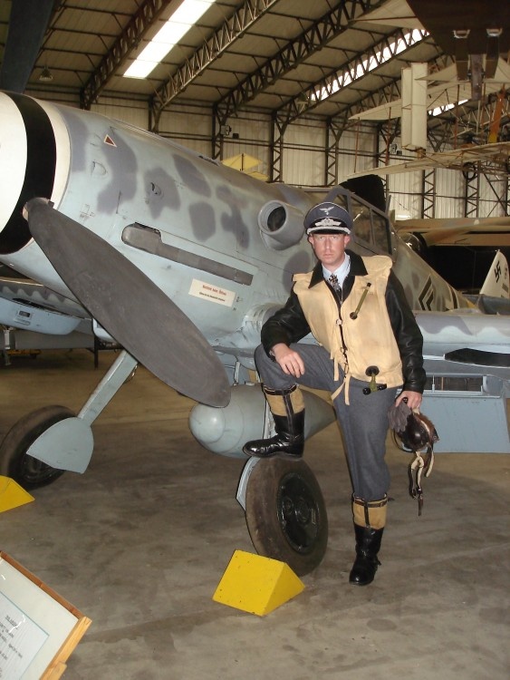 A German Pilot and his Messerschmitt at Yorkshire Air Museum, Elvington, North Yorkshire.