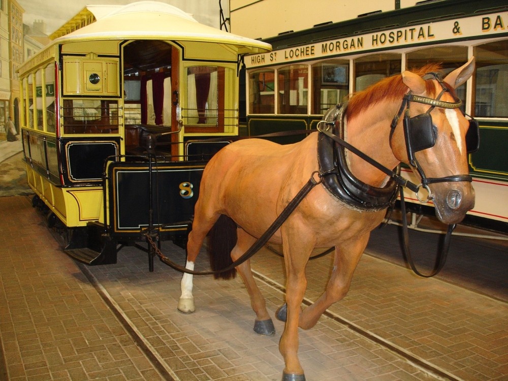A horse drawn tram exhibit at Crich Tramway Village, Derbyshire.
