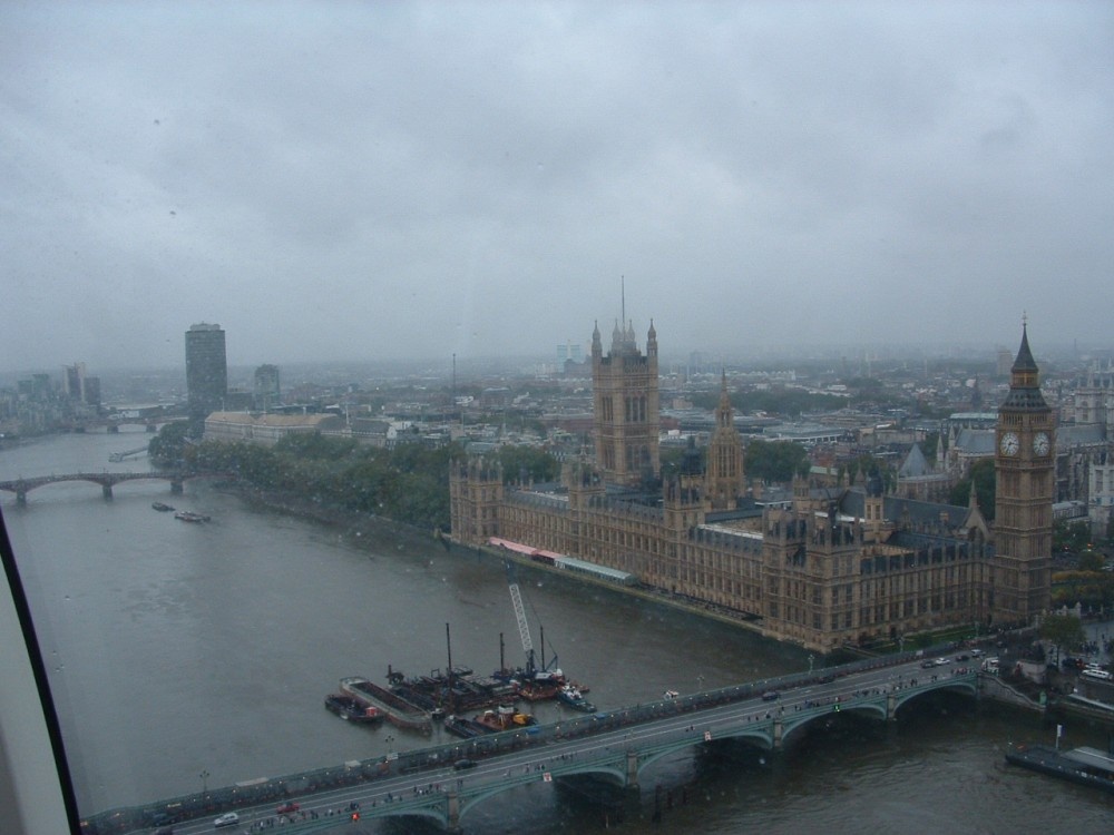 View from the London Eye on a very wet day in London