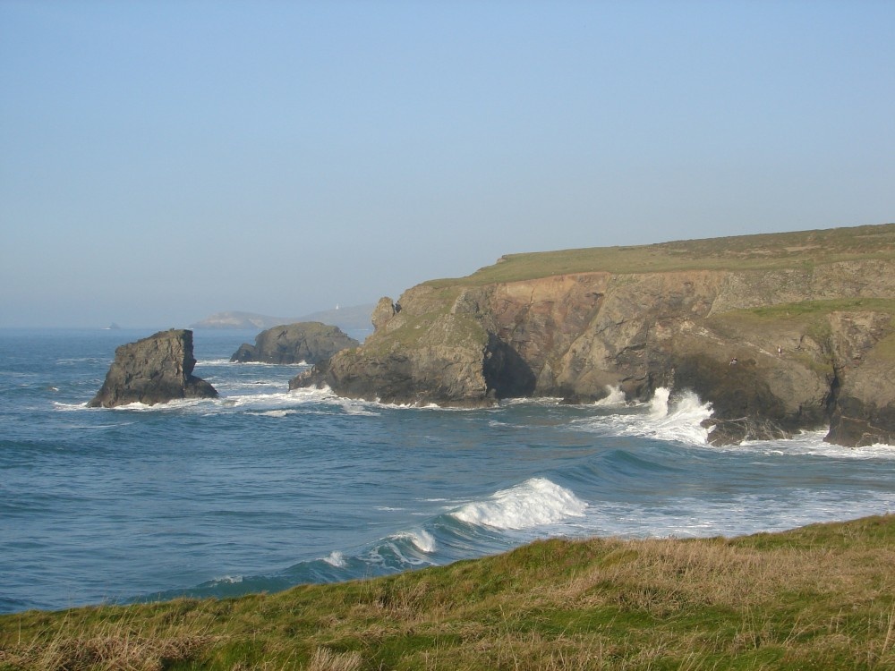 A look from above the cliff on Porthcotan Bay during high tide, December 2005, Cornwall.