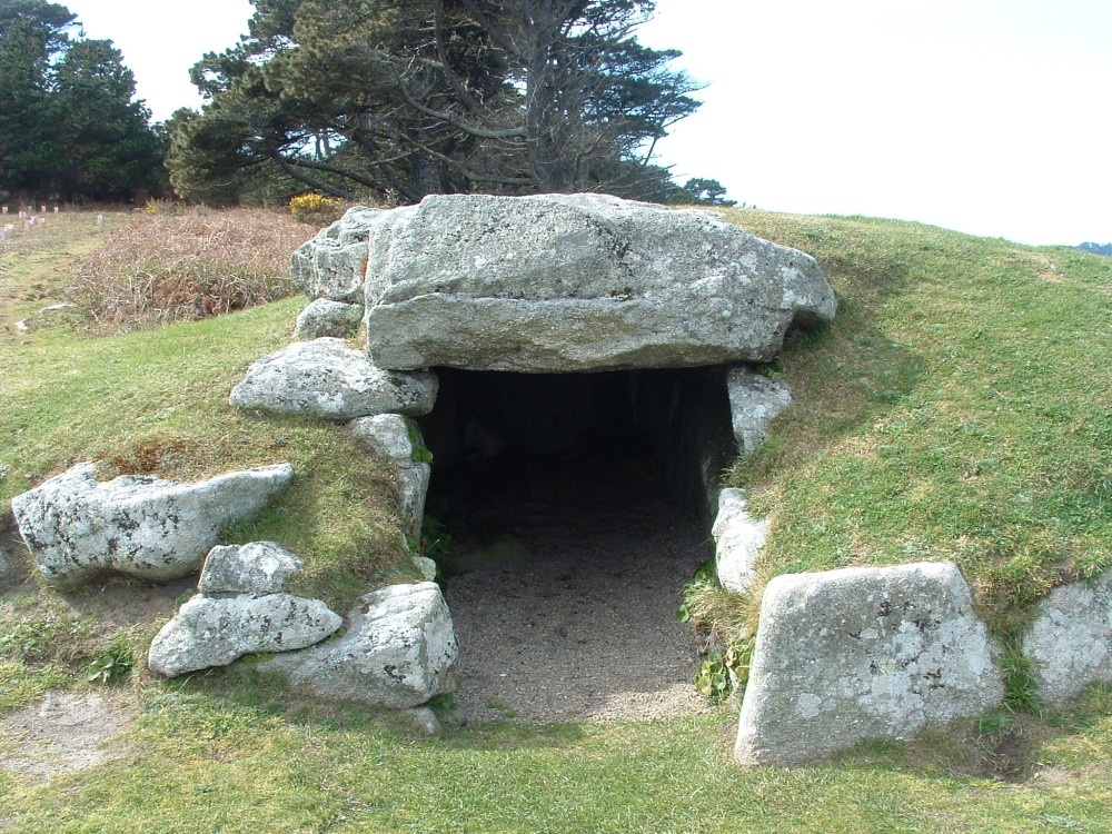 The view from outside of the Innididgen burial chambers, on St Marys in the Isles of Scilly.