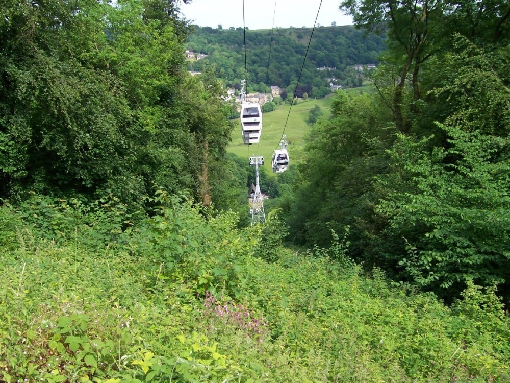 Cable cars seen from the Heights of Abraham, Matlock Bath, Derbyshire photo by Patricia Anderson