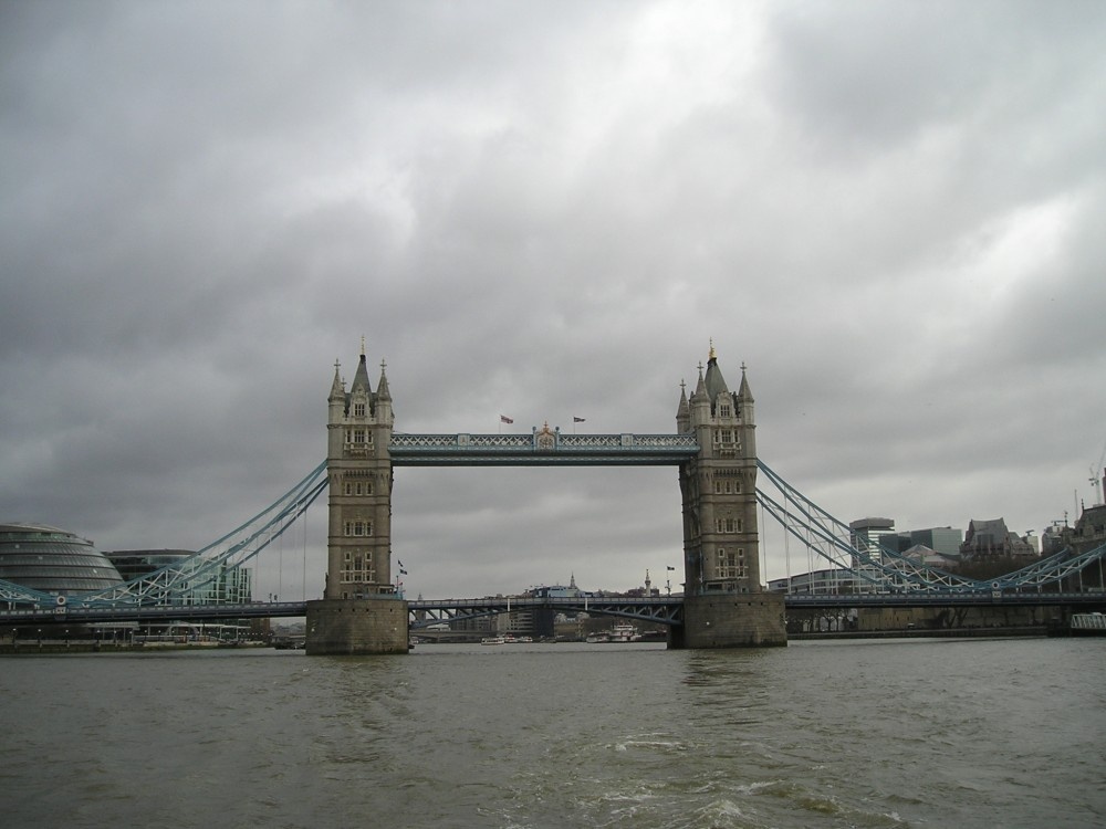 Tower Bridge, London taken from the river cruise boat.  March 2006