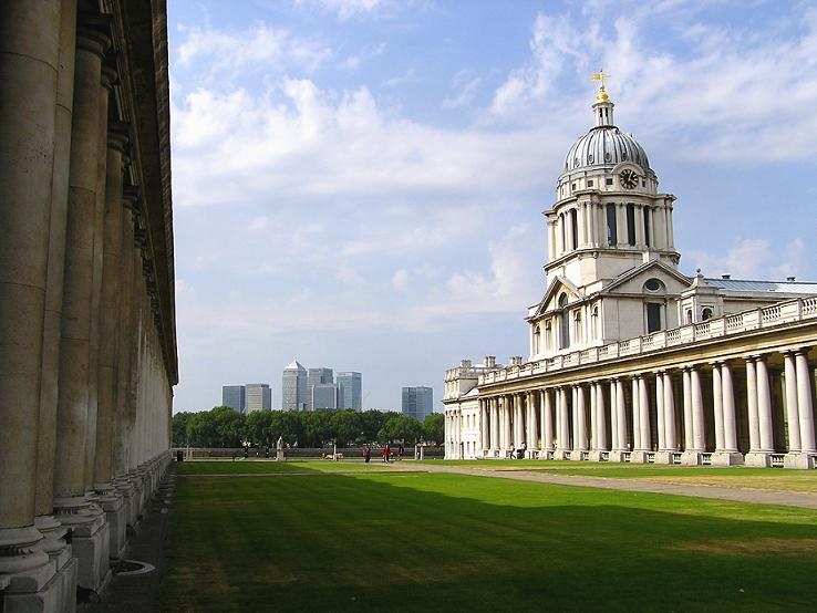 Greenwich Naval Museum with Canada Square in the background, London