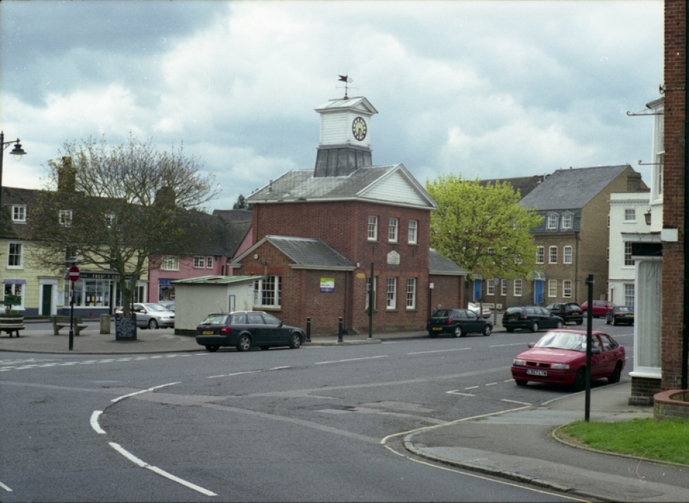 Photograph of Potton town square. The library clock tower.