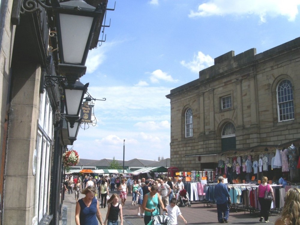 Doncaster market looking east along Baxtergate