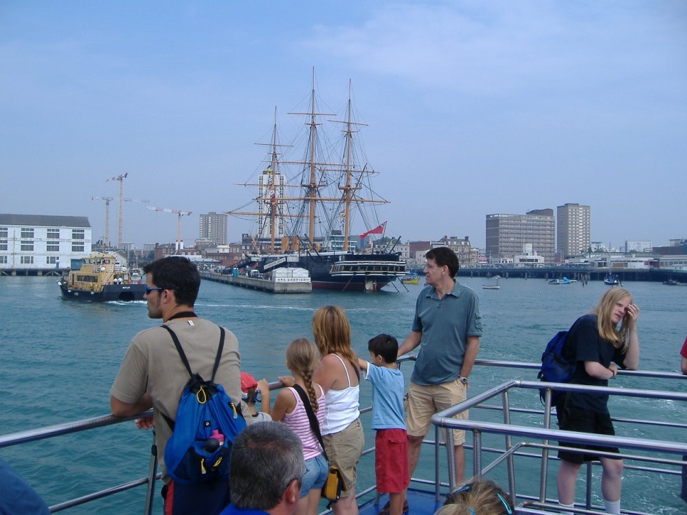 view of HMS Warrior from Harbour tour in Portsmouth's Docks