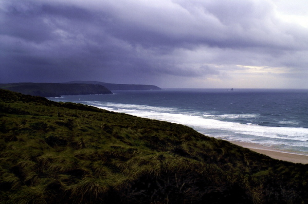 Perran Bay from cliffs just before a storm. Sept 2005
