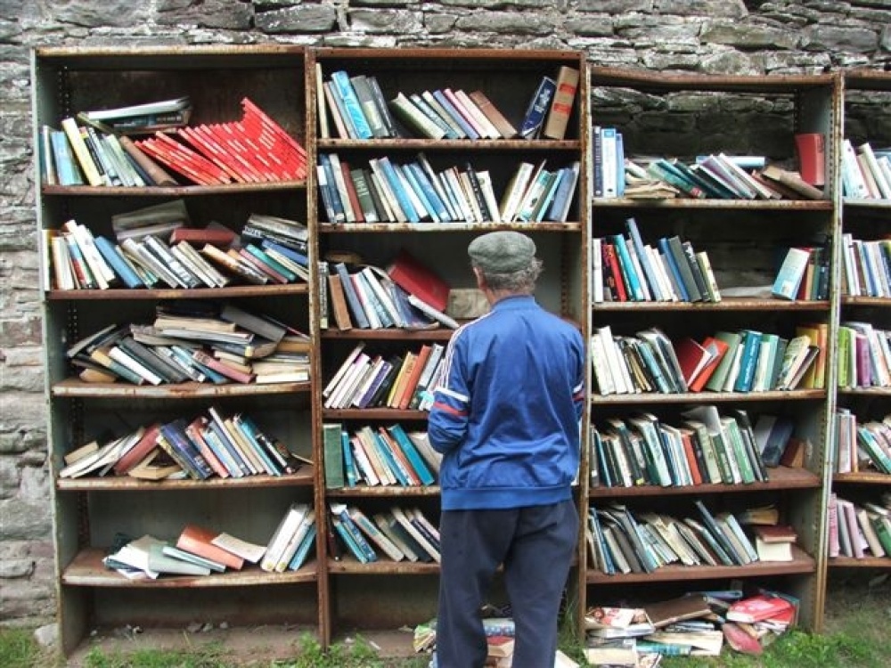 The open book stall inside the walls of Hay-on-Wye Castle. Hay-on-Wye photo by Vanessa Carter