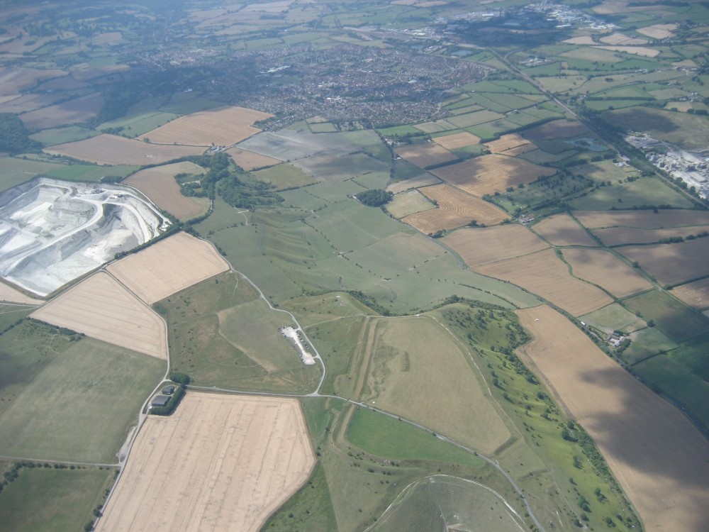 Bratton Camp & the town of Westbury at the top, taken from my hang glider at about 4000ft photo by Geoff Adams