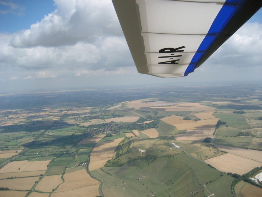 Photograph of The White Horse at Westbury, Wiltshire, from my Hang Glider at about 3000ft