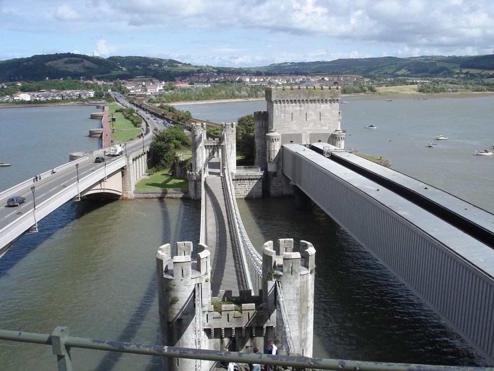 A picture of Conwy Suspension Bridge where road rail and foot meet.Conwy, North Wales.