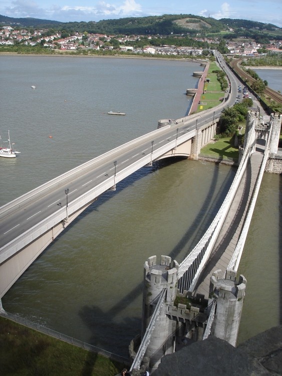 A picture of Conwy Suspension Bridge where road rail and foot meet.Conwy, North Wales.