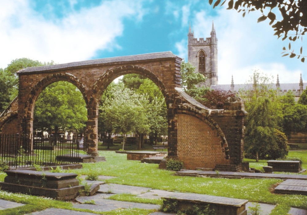 Photograph of Remains of Medieval Church with Victorian version in background. Stoke-on-Trent, Staffordshire