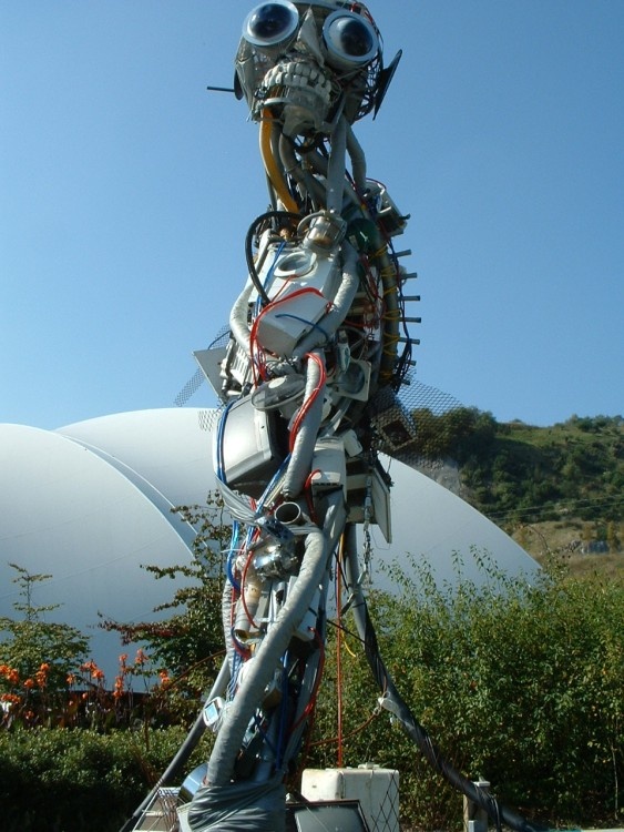 A very large image built with old discarded electronic waste.  Eden Project, Cornwall.