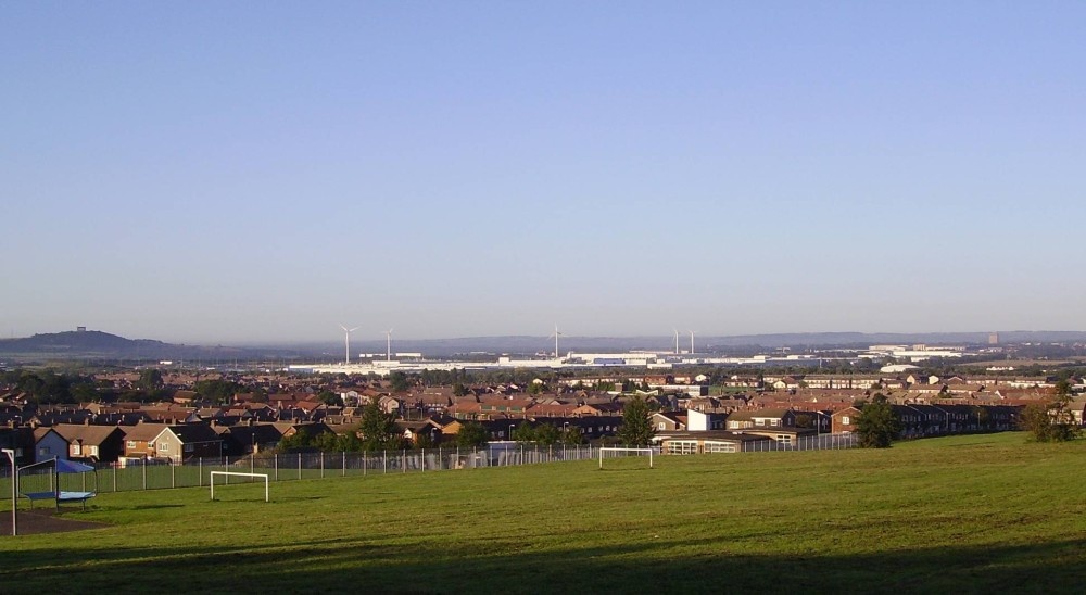 NISSAN plant over Sunderland with Penshaw monument on the left. Sunderland, tyne & WEAR