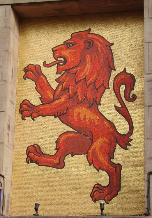 Close up of the mosaic on the Red Lion, Market Place, Ripley, Derbyshire.