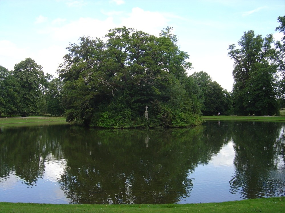 The lake and island of Althorp House near Northampton, Northamptonshire